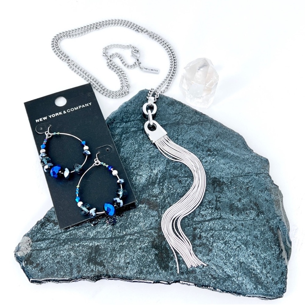 The Limited Tassel Pendant Necklace & NWT Coordinating Metallic Blue Earrings